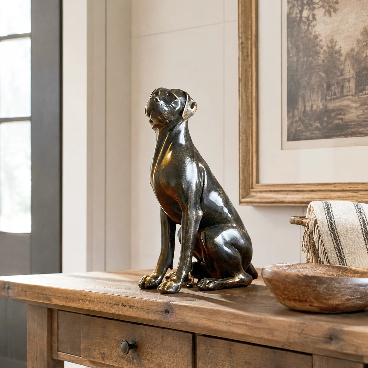 Great Dane tabletop sculpture on a console in a styled interior