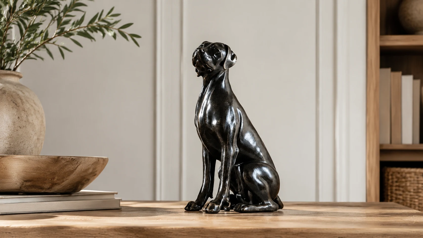 Khairi black resin Great Dane sculpture styled on a tabletop