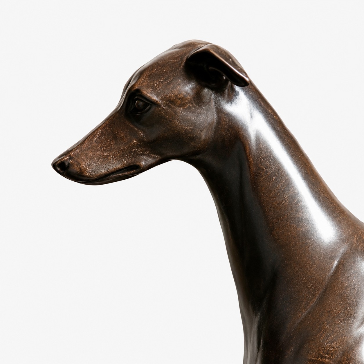 Profile close-up of resin greyhound sculpture neck and face