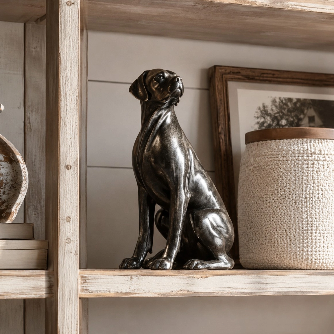 Great Dane sculpture on a wooden shelf with decor objects