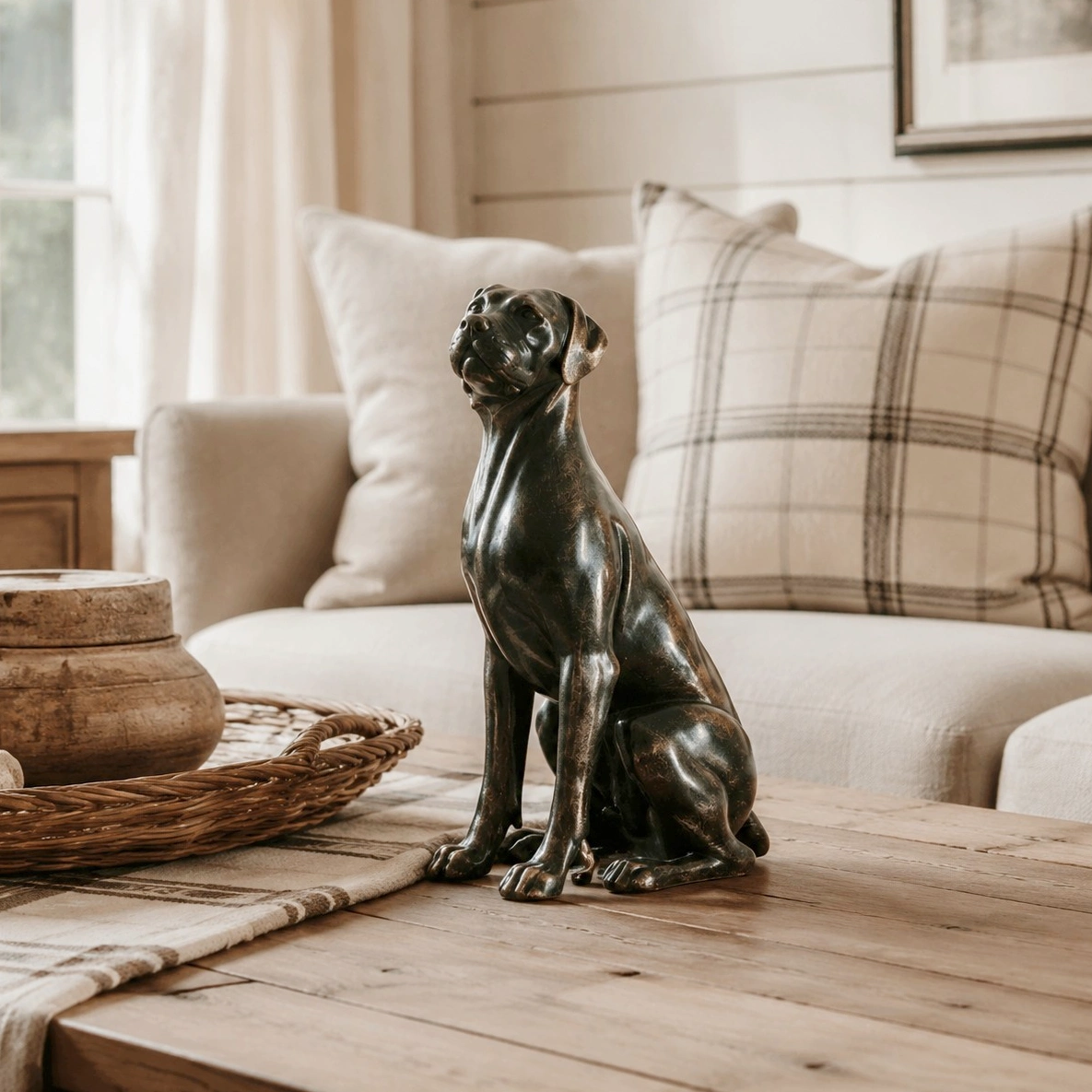 Black Great Dane sculpture shown on a coffee table in a living room