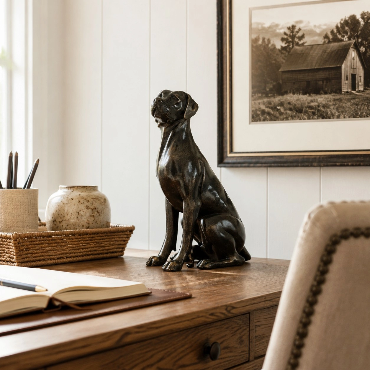Black resin Great Dane sculpture placed on a desk in a room setting