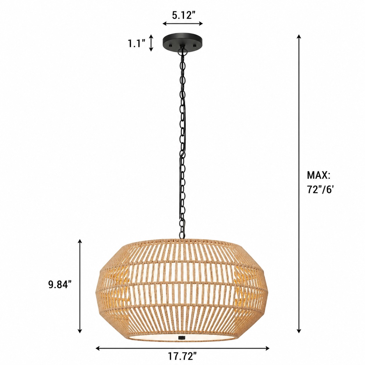 Dimension diagram for Cecilia pendant showing canopy, chain length, shade height, and width
