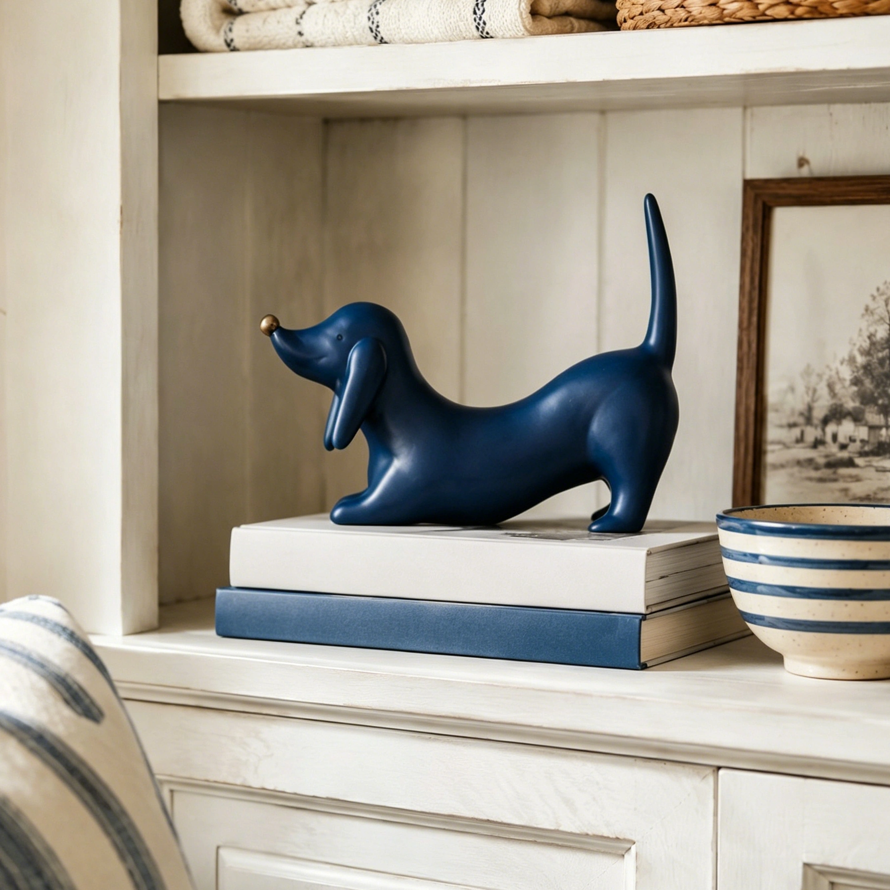 Blue dachshund sculpture styled on stacked books