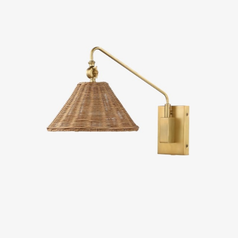 Full view of the Mazan brass swing arm wicker cone wall sconce