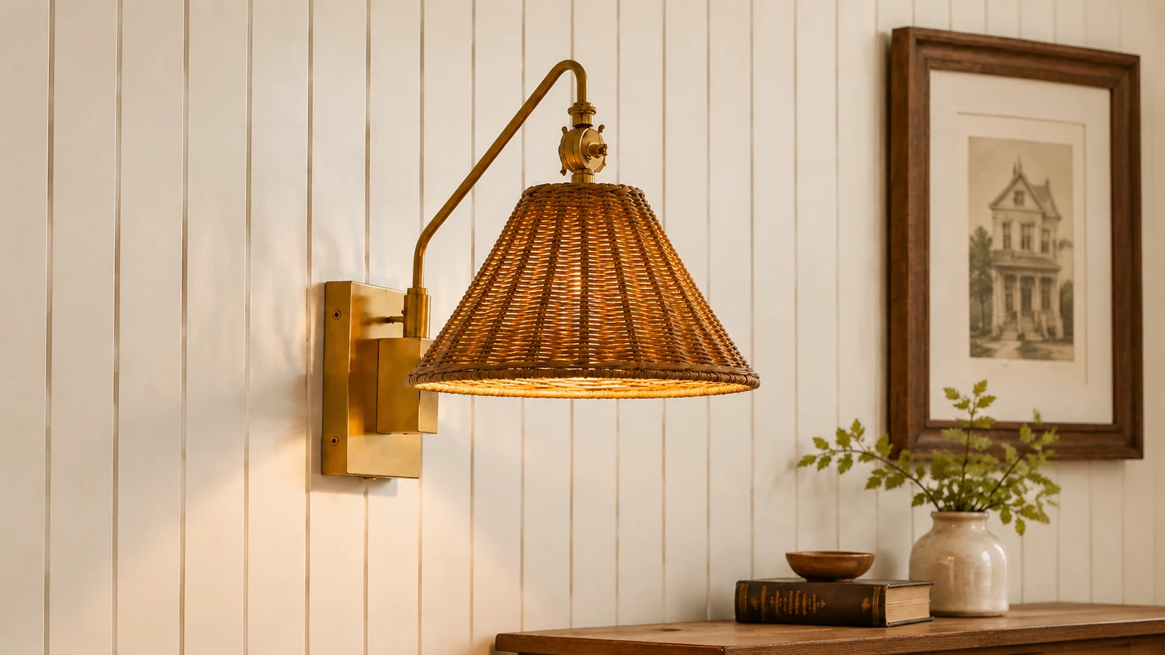 Mazan brass and wicker cone wall sconce in a warm interior setting
