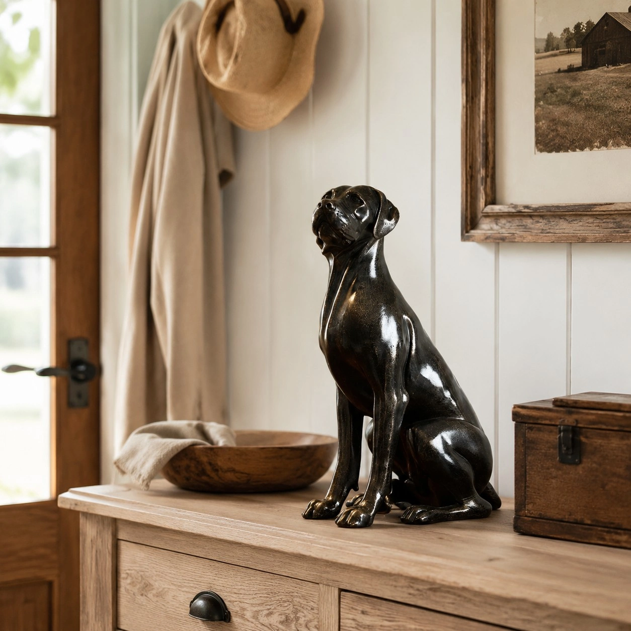 Great Dane sculpture placed on a wooden cabinet in an interior scene