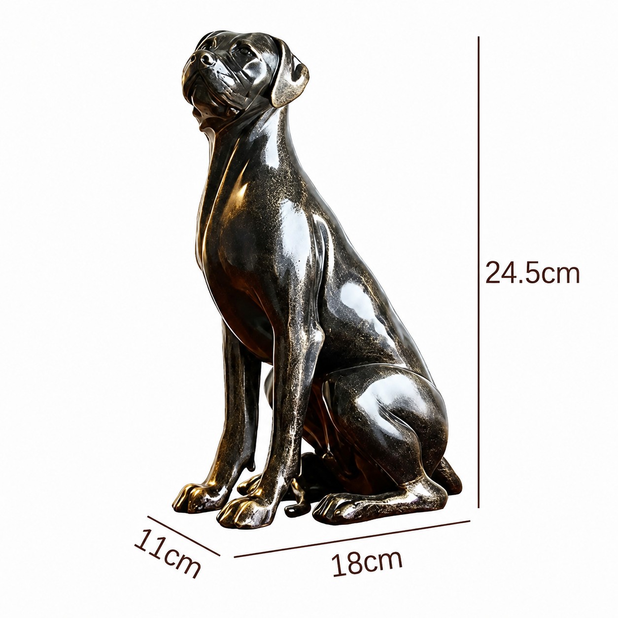 Dimension diagram showing Khairi Great Dane sculpture height 24.5 cm length 18 cm and depth 11 cm