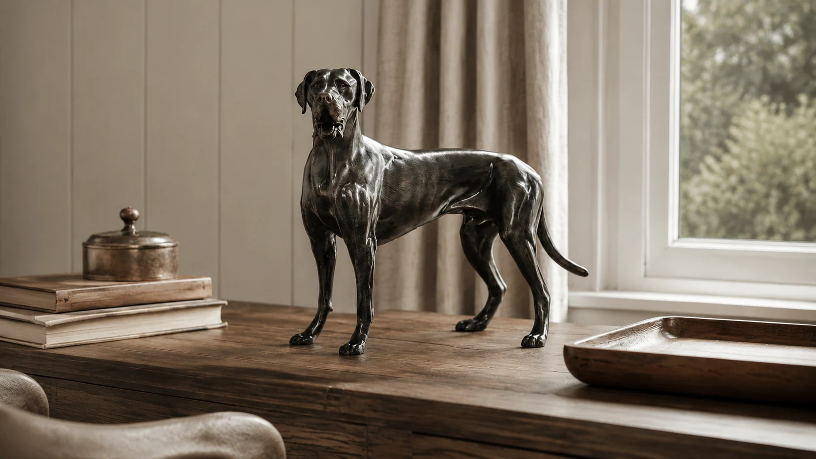 Adrian black resin standing Great Dane sculpture displayed in a modern interior