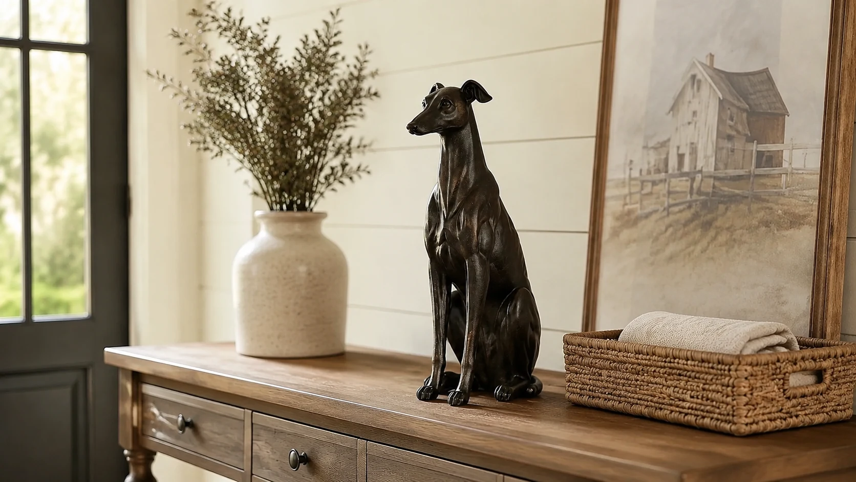Abubakar black resin greyhound sculpture styled on a tabletop