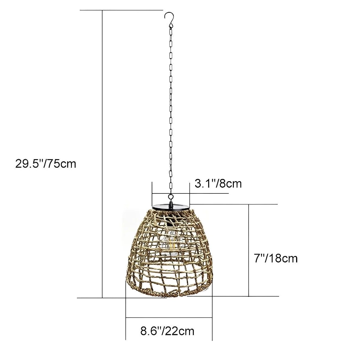 Dimension diagram for the Farhany rattan pendant light