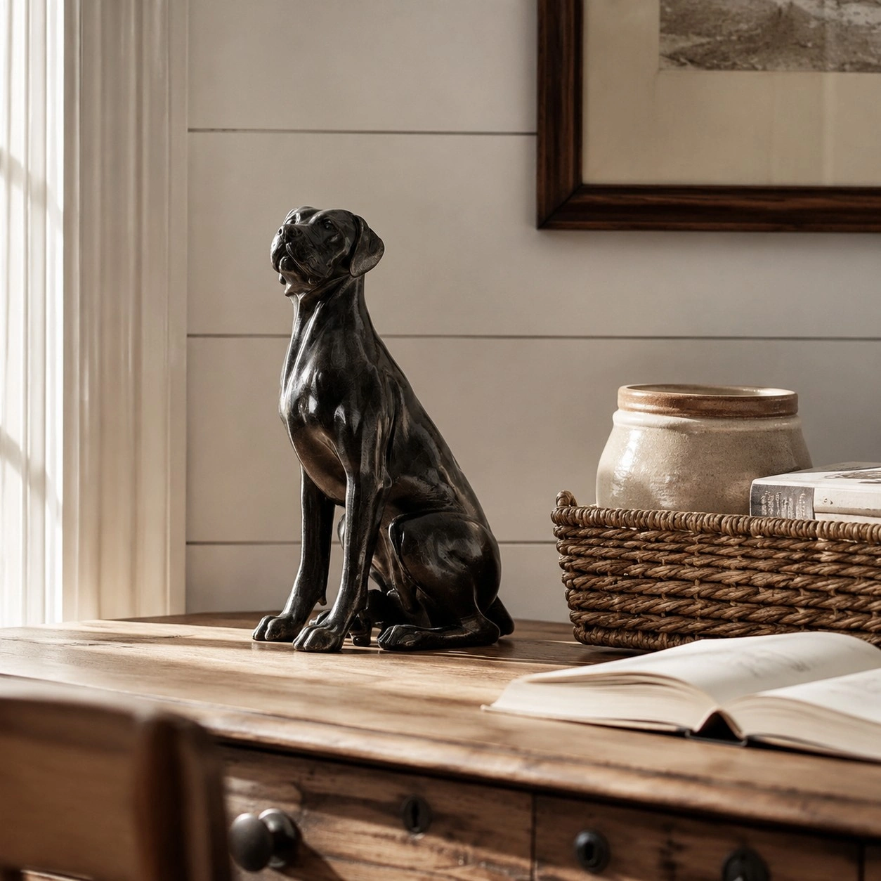 Great Dane decor sculpture near a window and tabletop decor