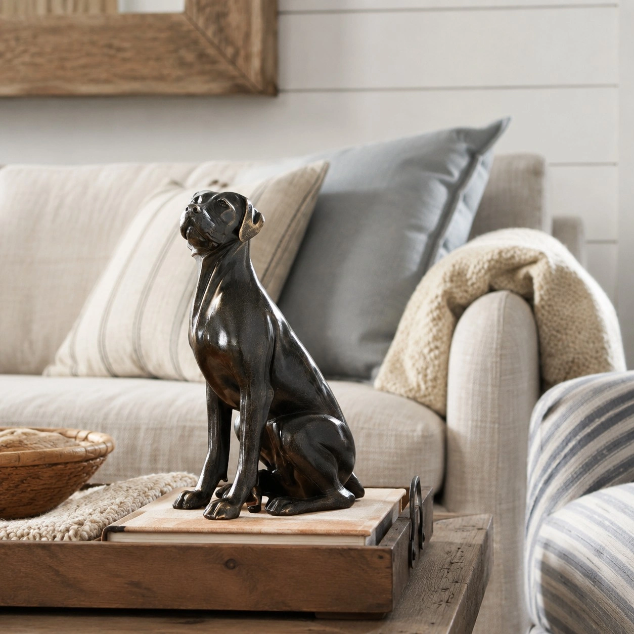 Great Dane sculpture on a tray near a sofa