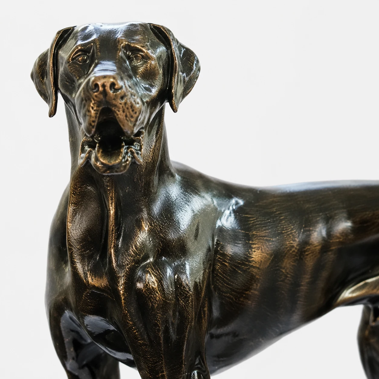Close view of the black resin finish and sculpted surface detail