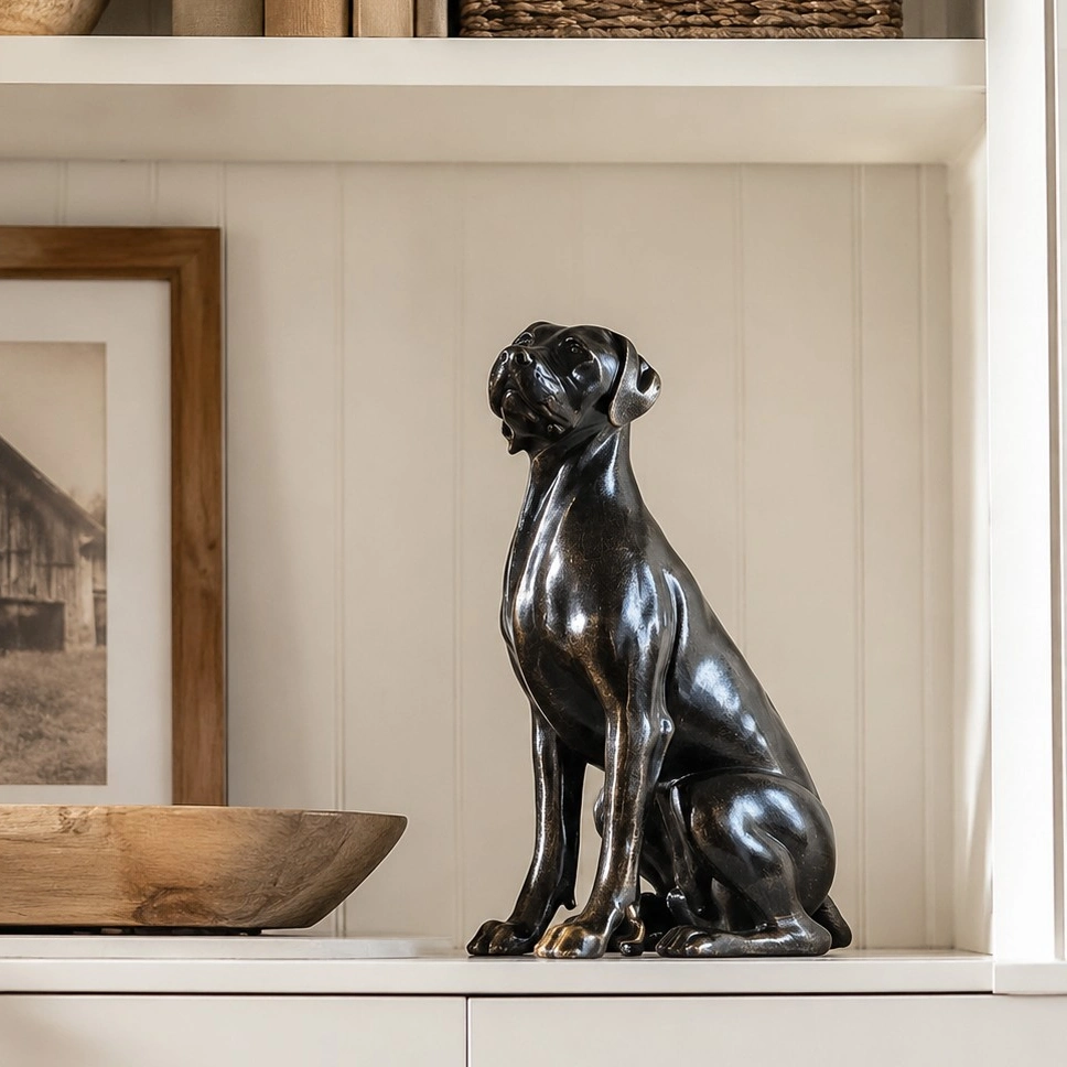 Black Great Dane sculpture displayed on a styled shelf