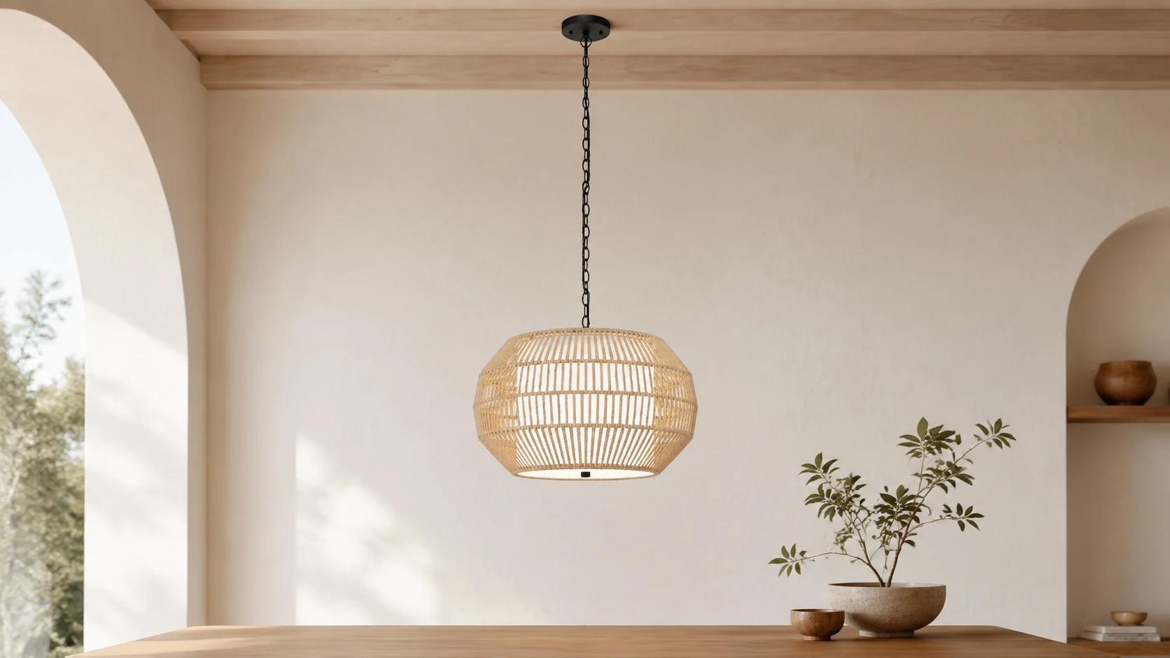 Cecilia modern rattan hexagon chain pendant light in a warm room setting