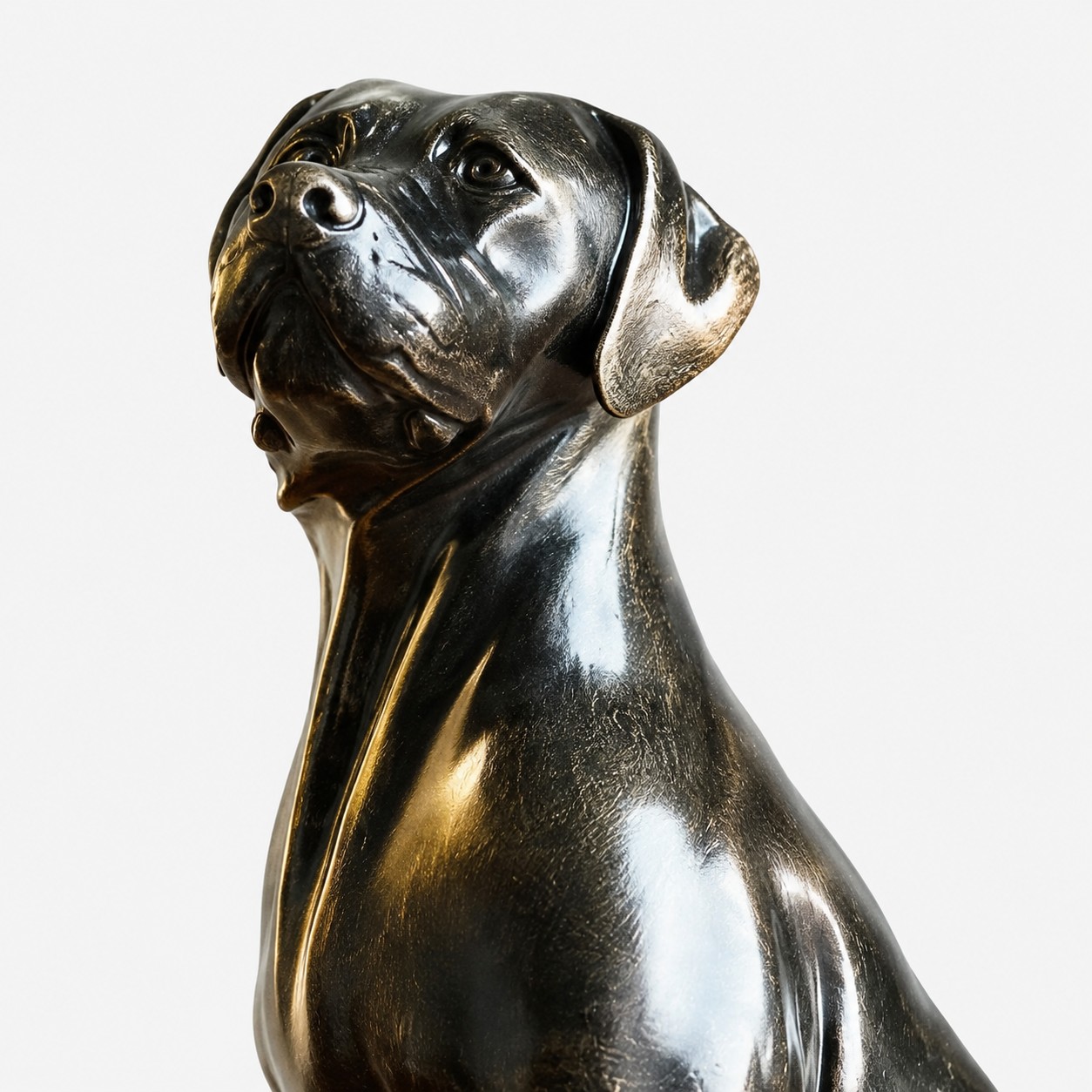 Close-up of the Khairi Great Dane sculpture face and glossy black resin surface