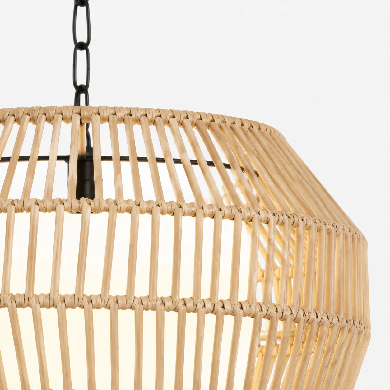 Close-up of the Cecilia pendant rattan texture and shade construction