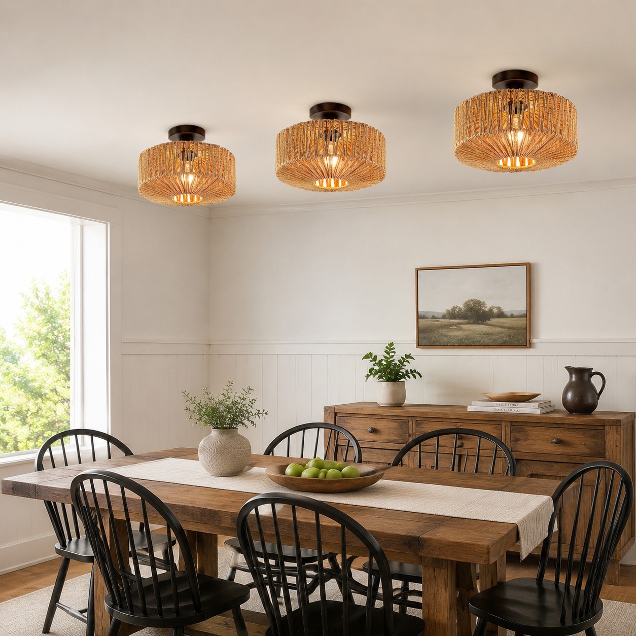 Dining room scene with matching Balriel rattan flush mount fixtures