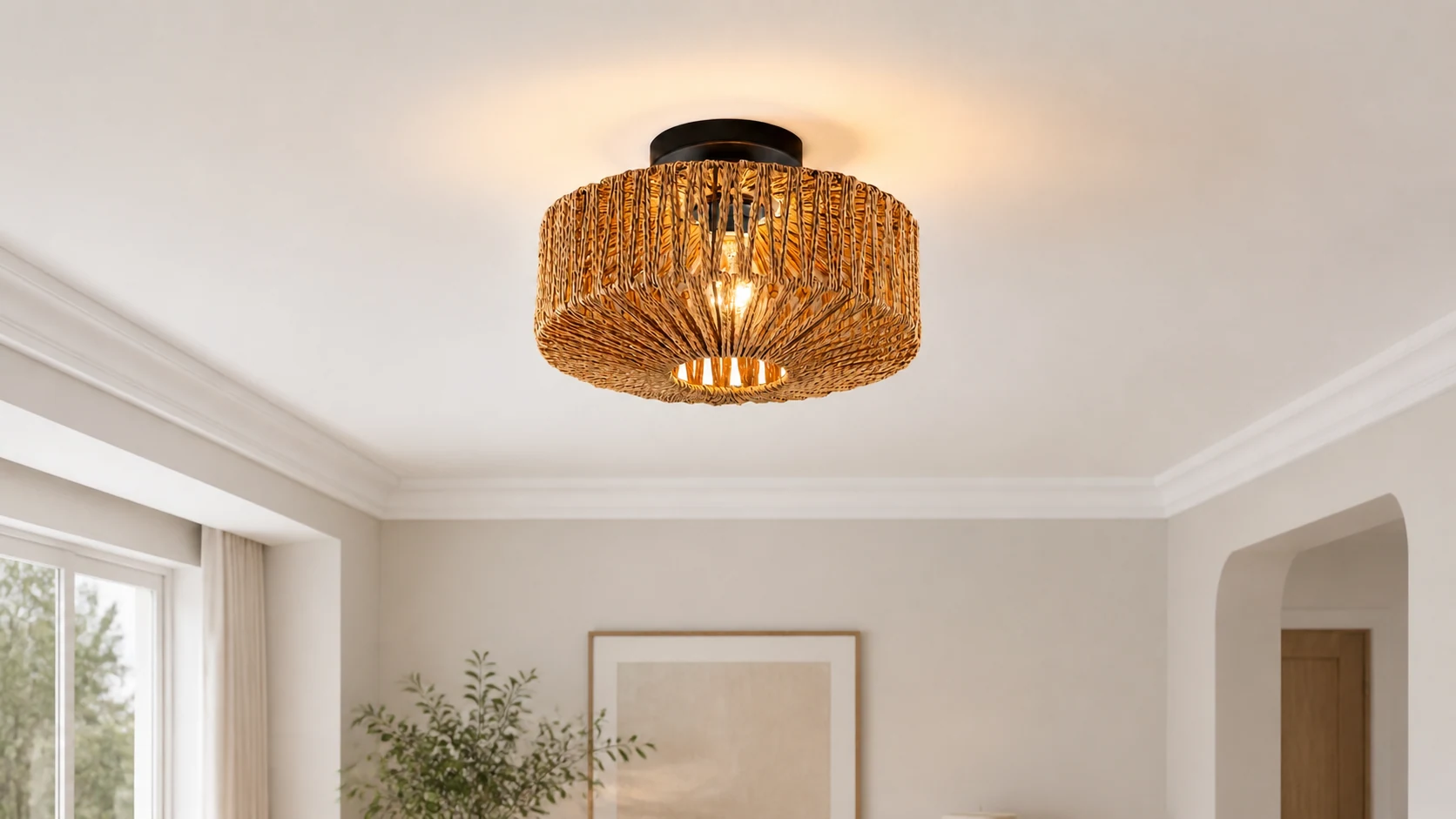 Balriel modern rattan drum flush mount ceiling light in a warm room scene