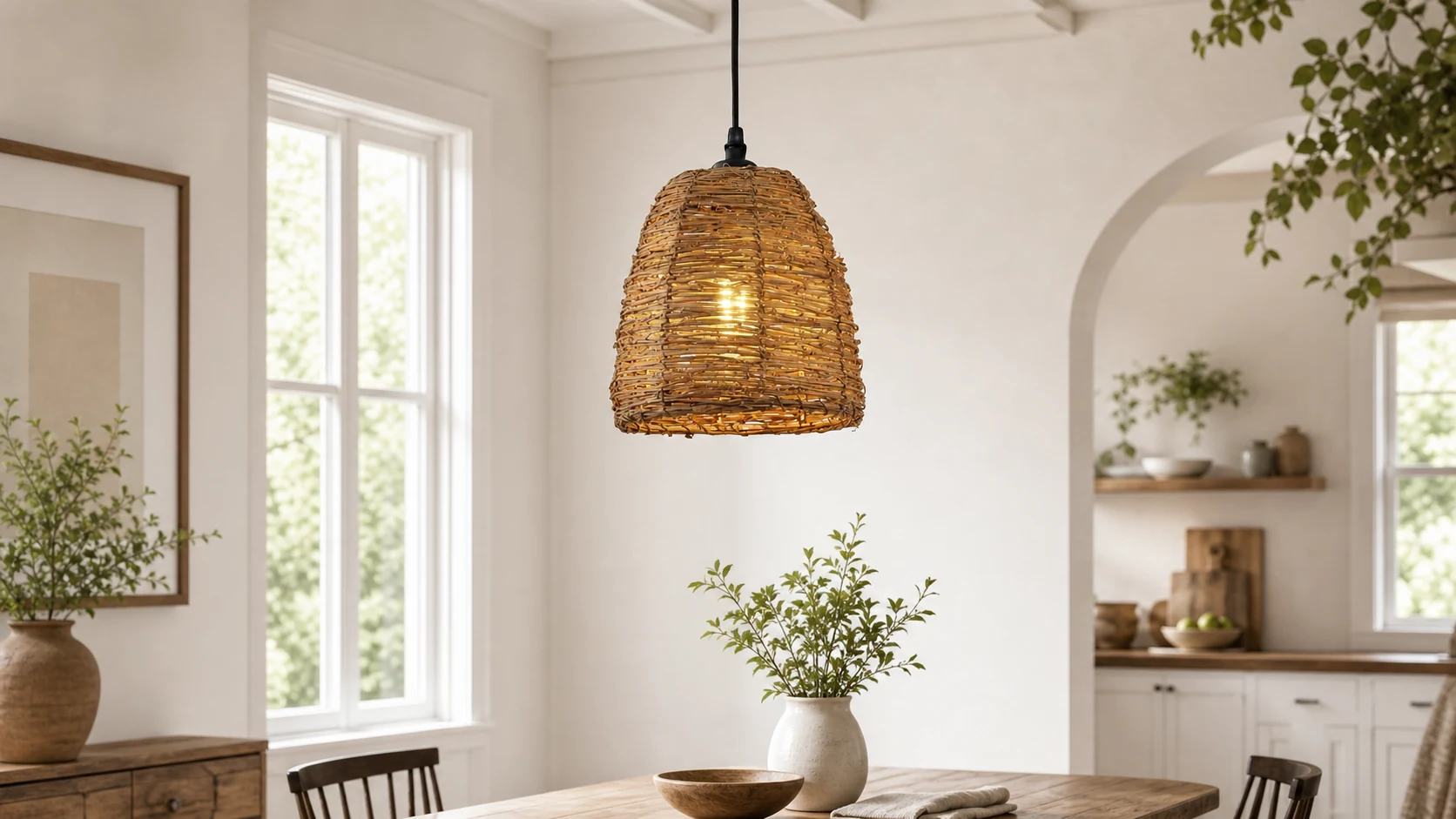 Sammy Farmhouse Rattan Conical Pendant Light in a warm room setting