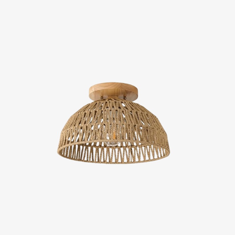 Kartik yellow paper rope dome flush mount ceiling light with wood canopy