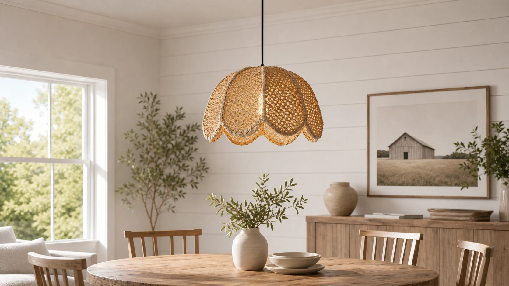 Kumar rattan scalloped pendant light in a warm interior scene