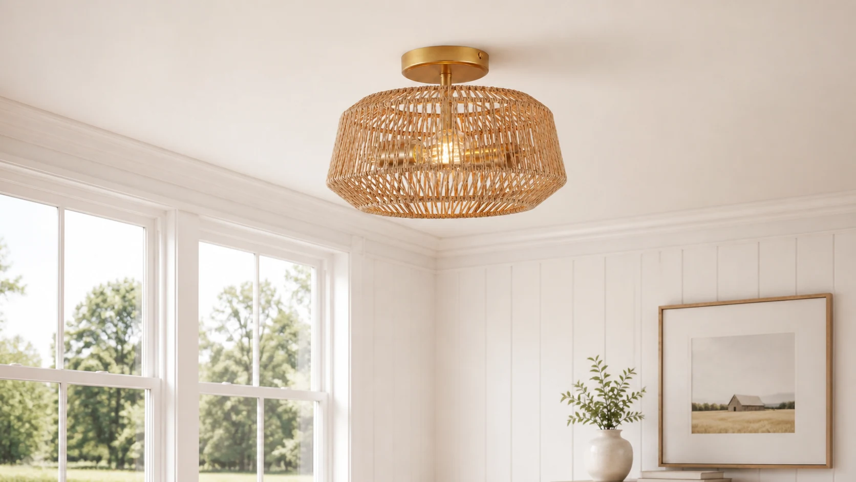 Kulkarni brass rattan semi flush mount ceiling light in a warm room setting
