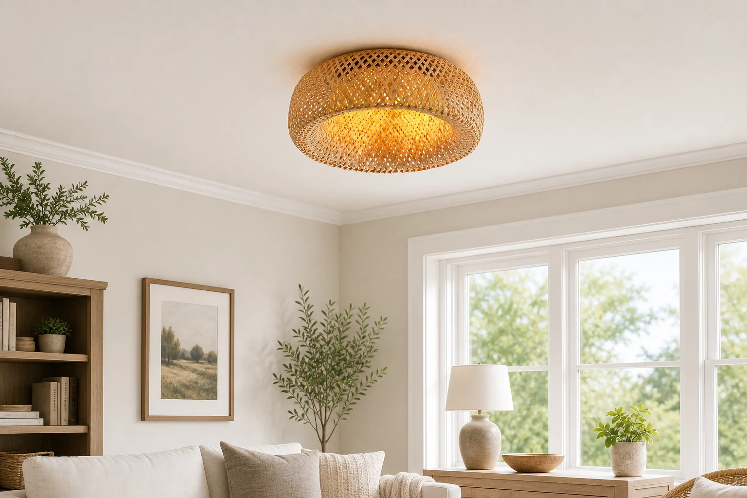 Jorge rattan flush mount ceiling light in a lifestyle room scene