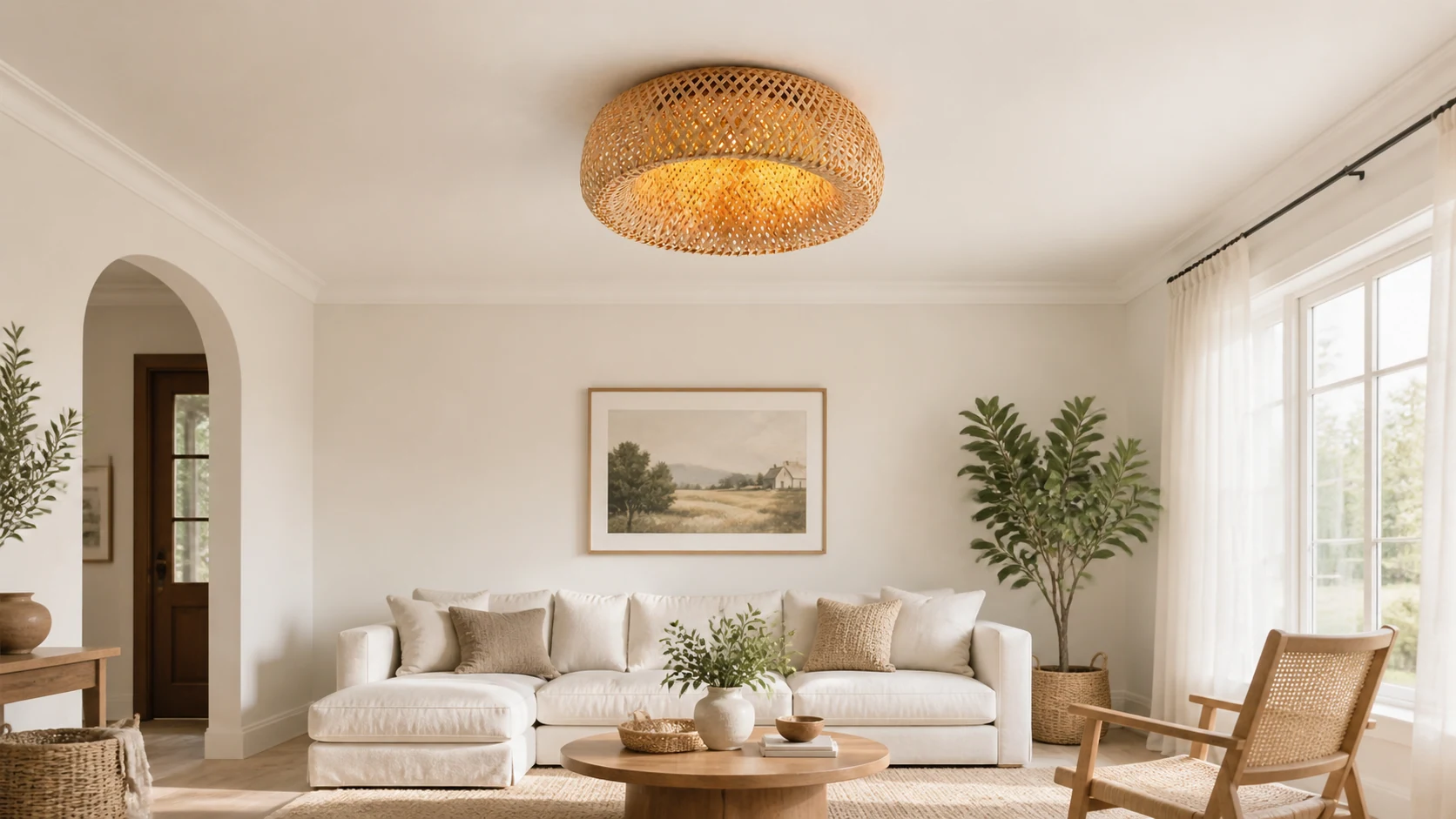 Jorge rattan oval flush mount ceiling light installed in a warm room scene