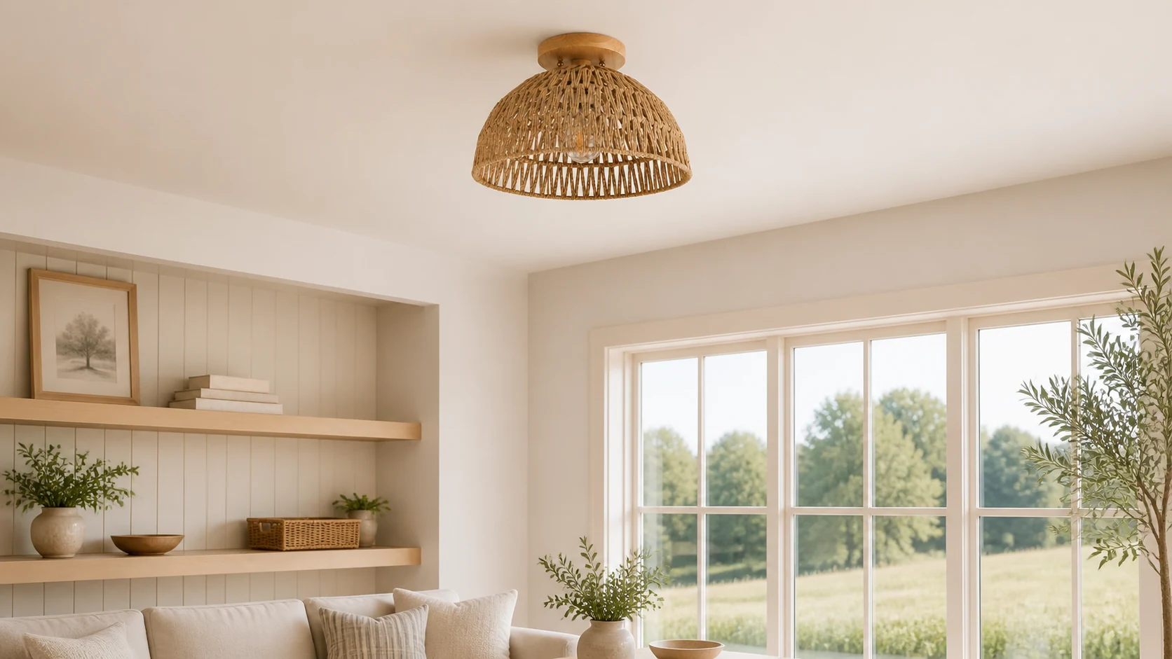 Kartik Modern Wood Paper Rope Dome Flush Mount Ceiling Light installed in a warm interior