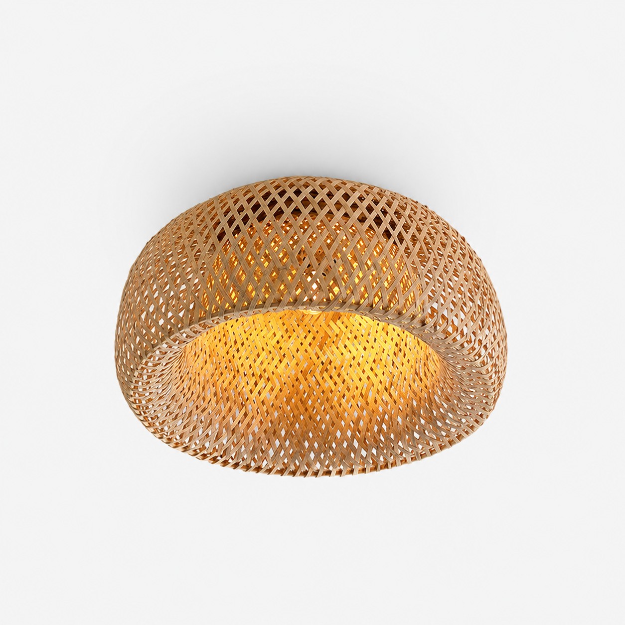 Isolated view of the brown rattan oval flush mount ceiling light