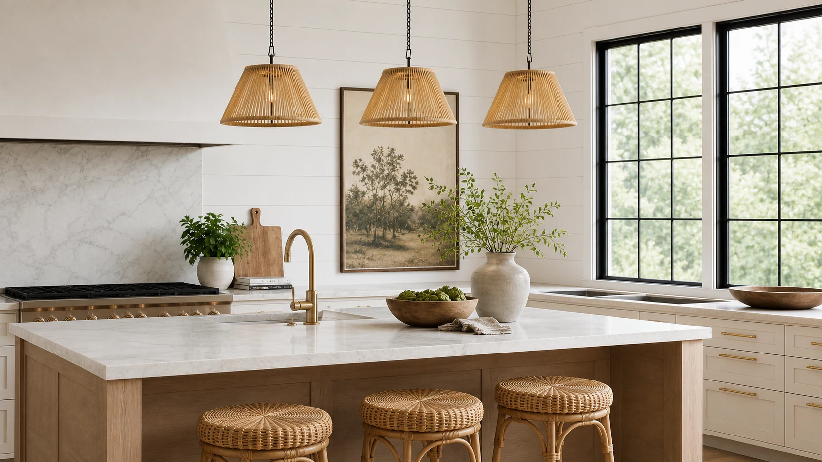 Olivier rattan conical pendant light in a warm room scene