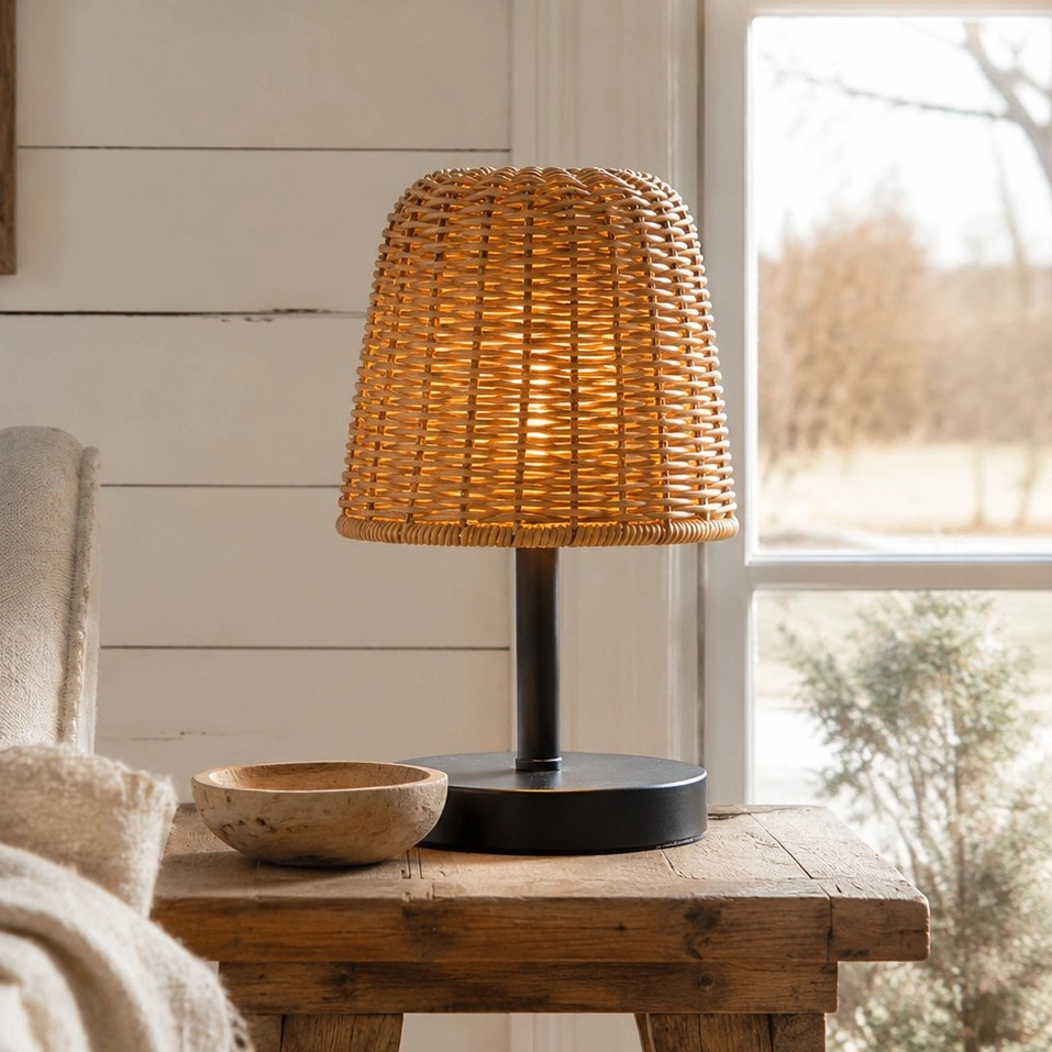 Raegan rattan table lamp on a side table in a bright room