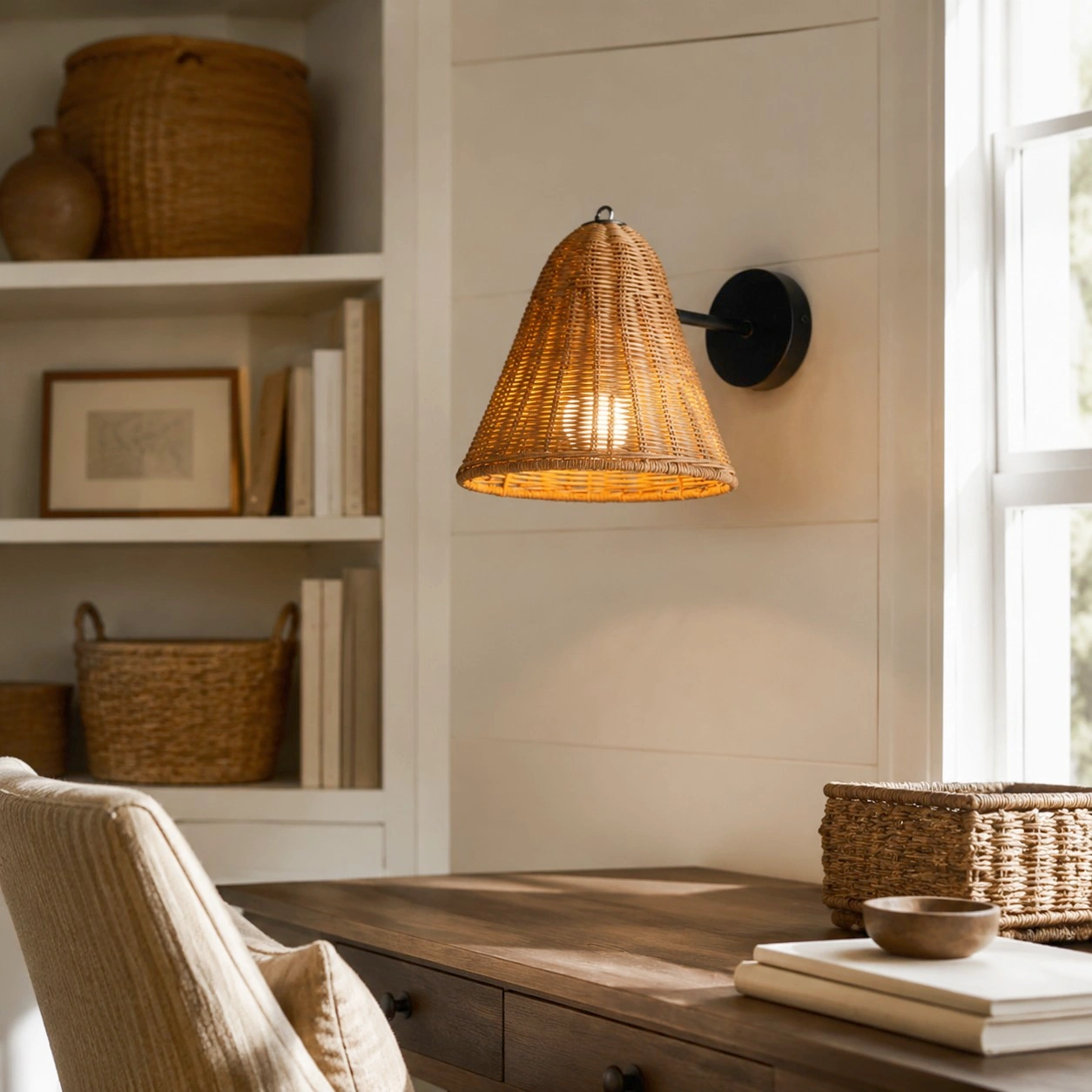 Room scene with rattan wall sconce over a table area