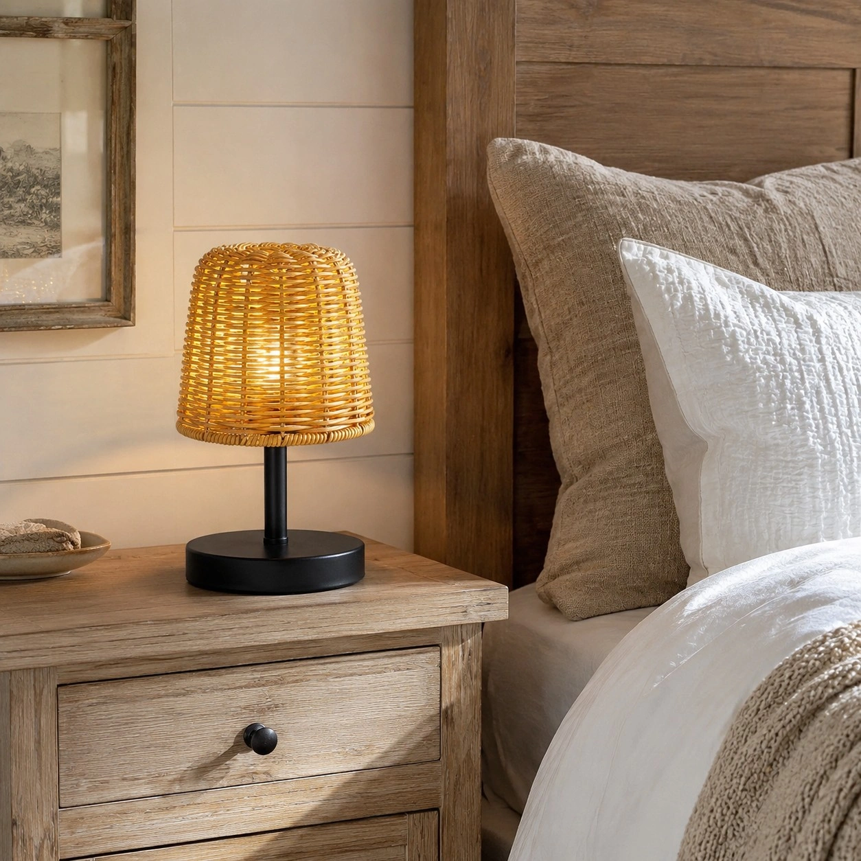 Illuminated Raegan lamp on a bedside table