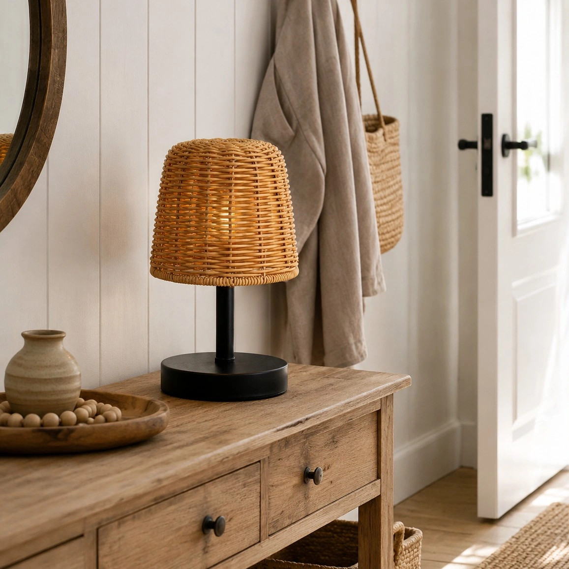 Raegan table lamp on a console near a doorway