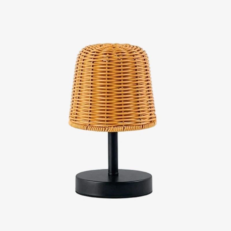 Full view of the Raegan light brown rattan table lamp