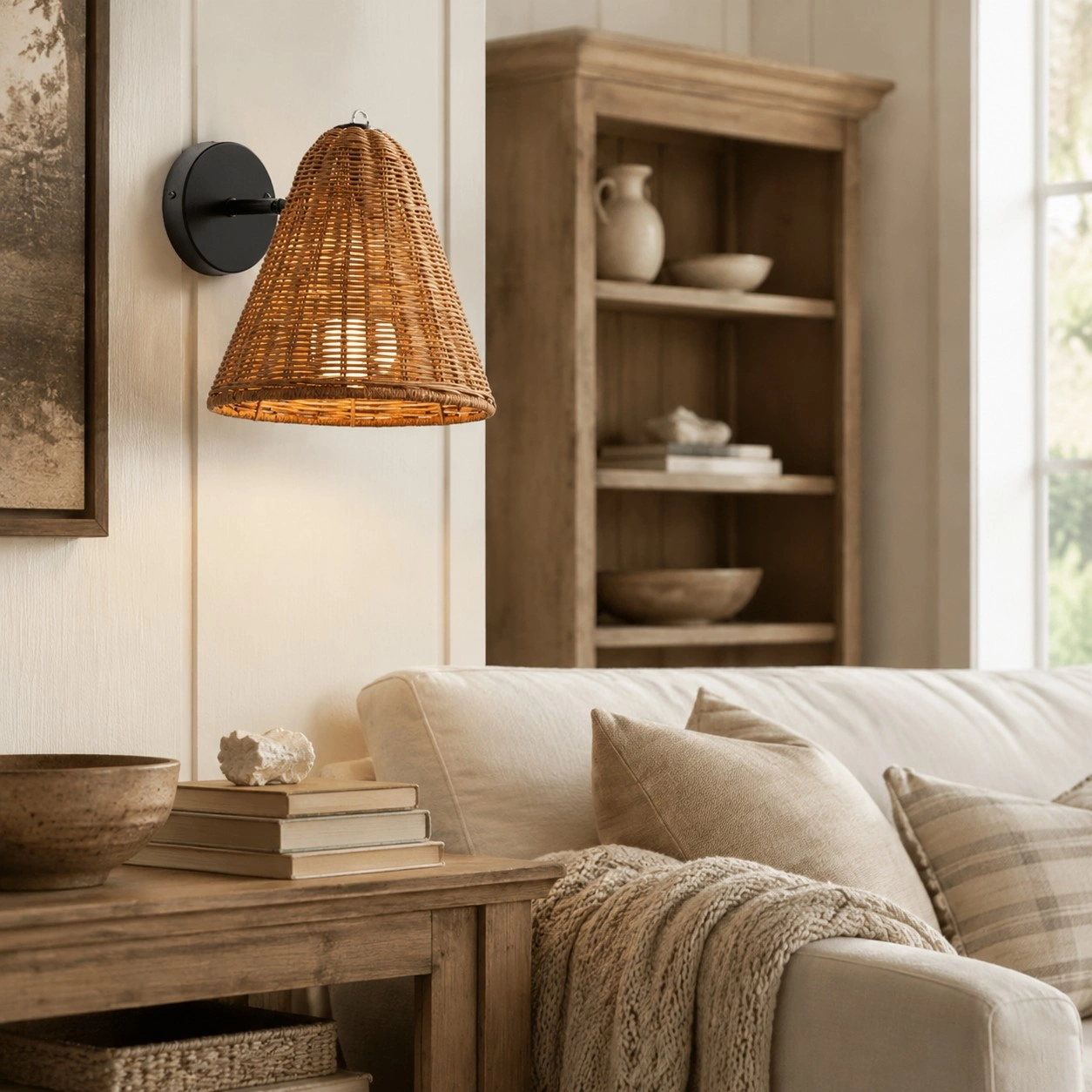 Living room or bedroom wall with rattan sconce above furniture