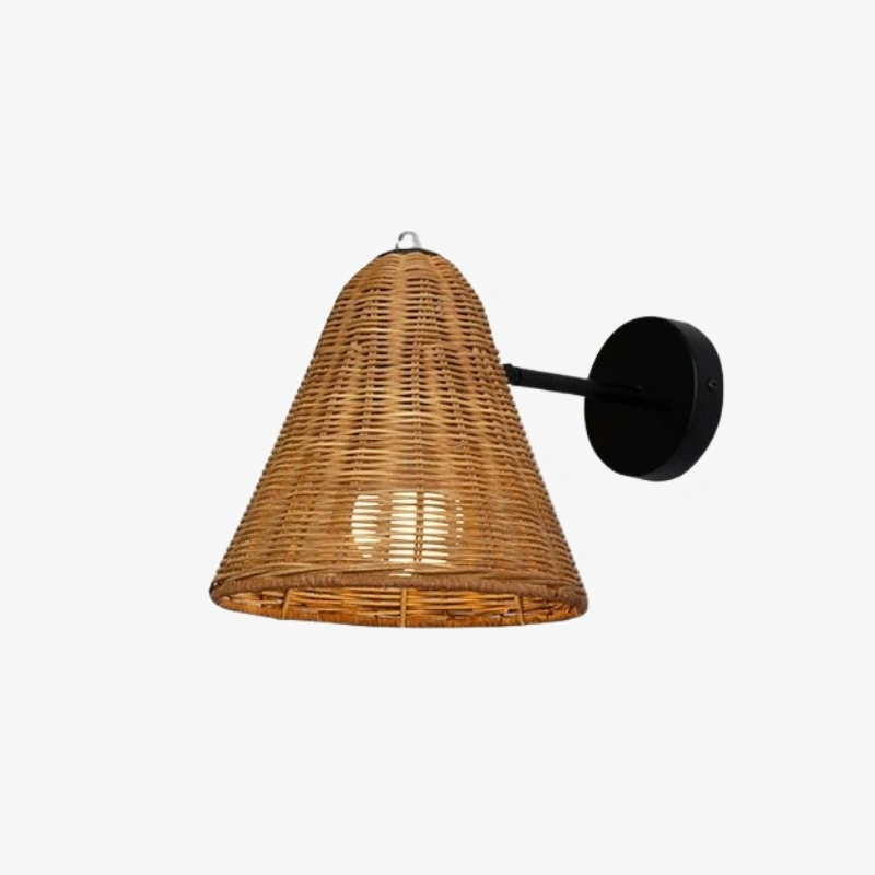 Full view of the light brown conical rattan wall sconce