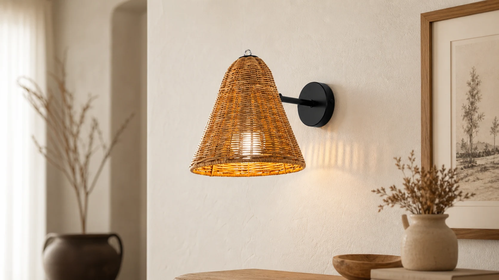 Kazpon Wabi Sabi Rattan Conical Wall Sconce in a warm interior scene
