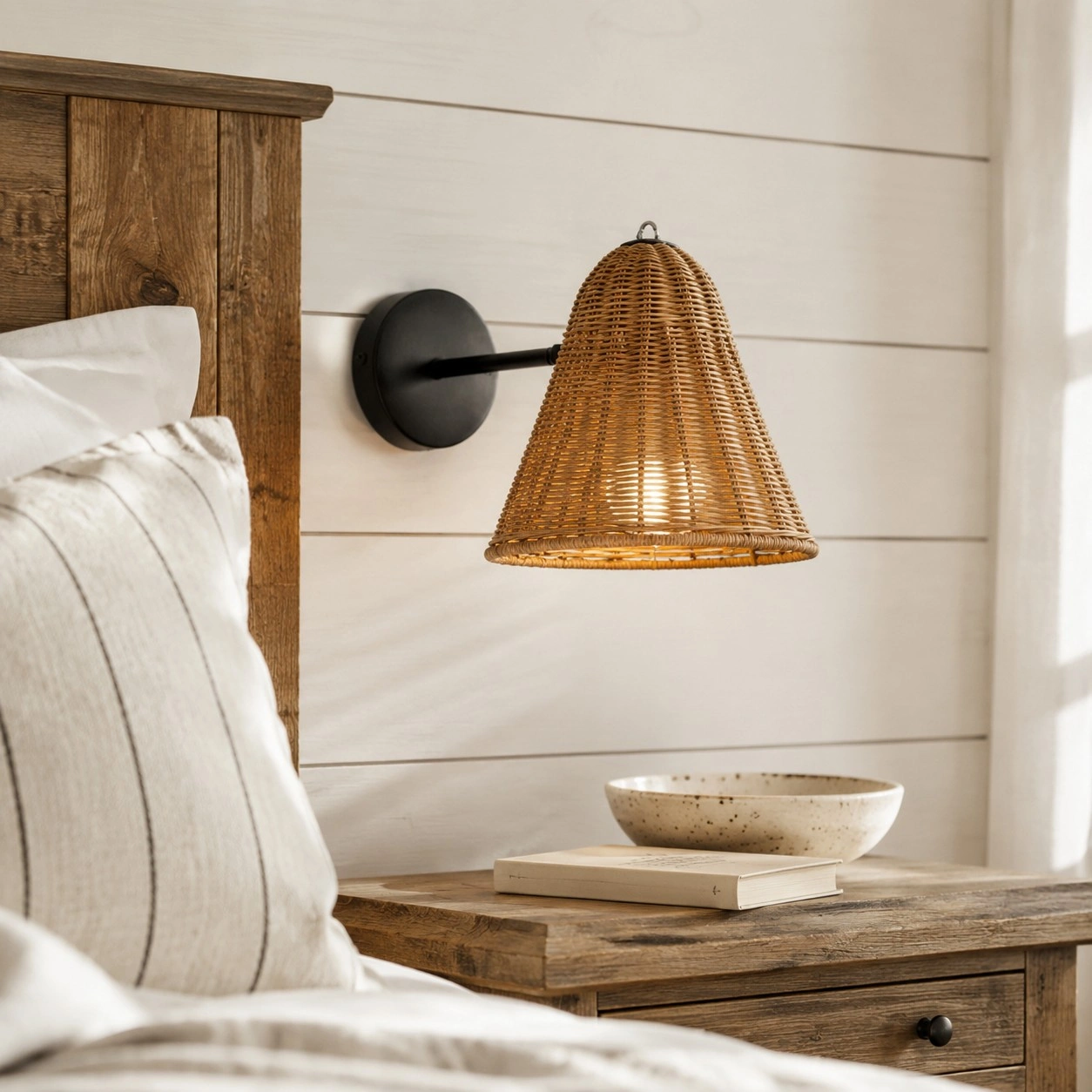 Rattan sconce mounted over a nightstand