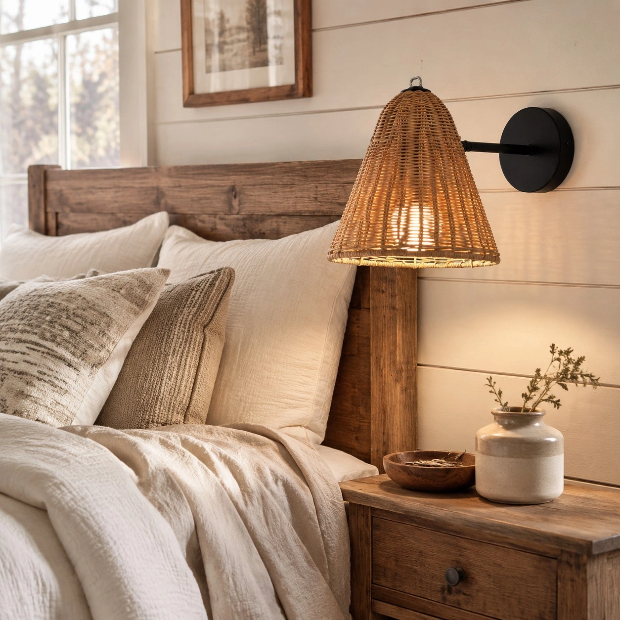 Bedroom scene with illuminated conical rattan shade near bed