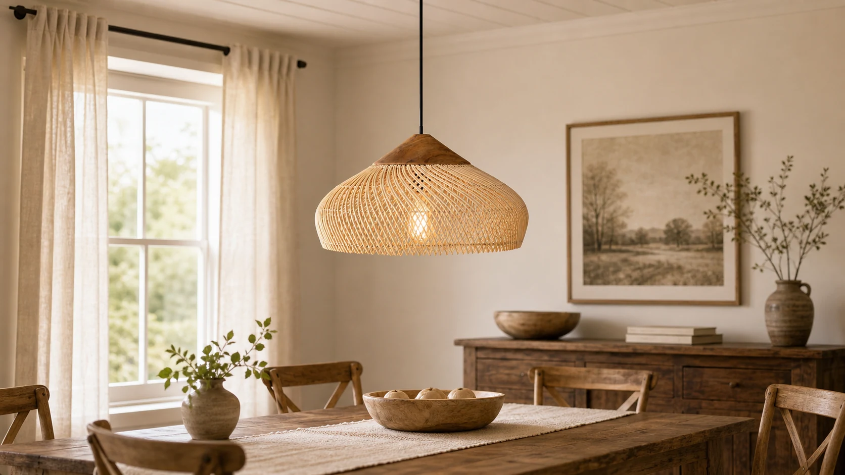 Cindy Wabi Sabi Rattan-Pendelleuchte mit breiter Scheibe in einem warmen Interieur