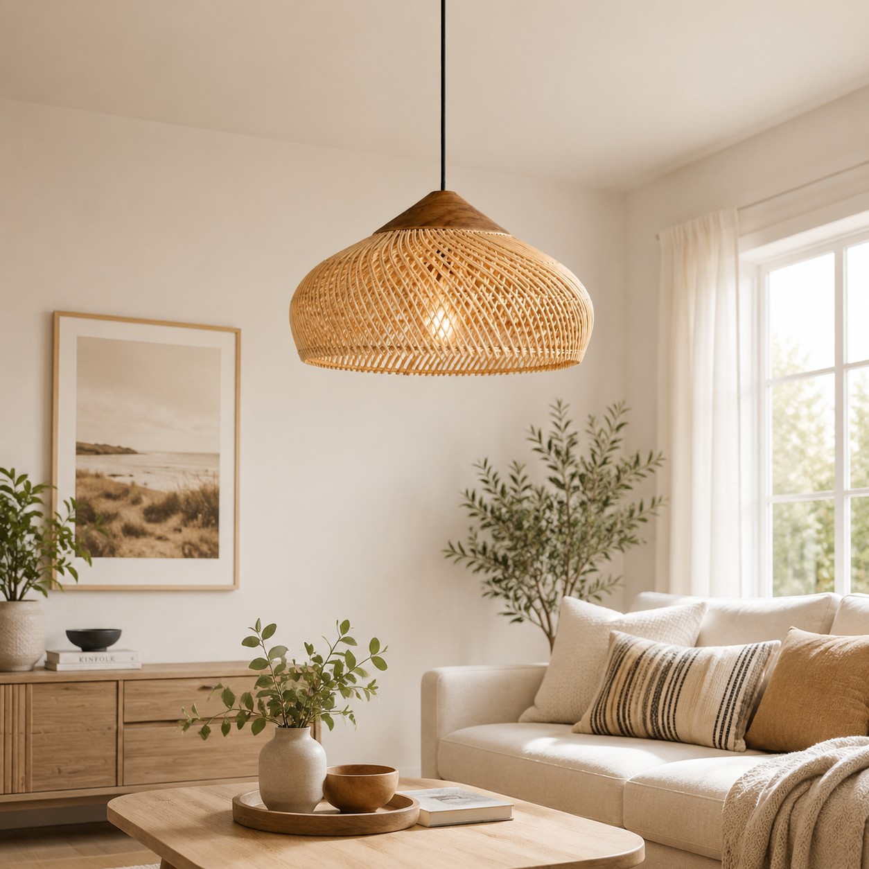Rattan-Pendelleuchte über einer Sitzecke