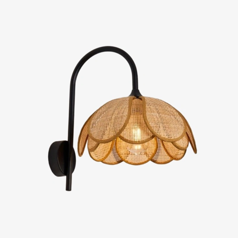 Isolated view of the rattan flower wall sconce with black iron arm