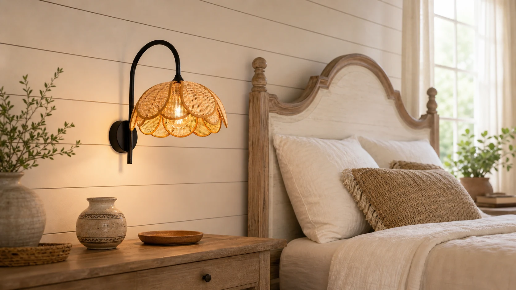 Room scene with Megan rattan flower wall sconce