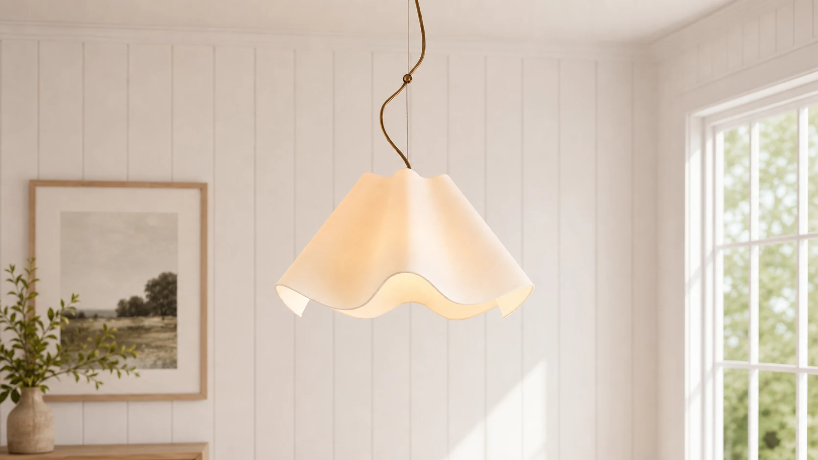 Ellara Minimalist Ivory Scalloped Linen Shade Pendant Light in an airy interior