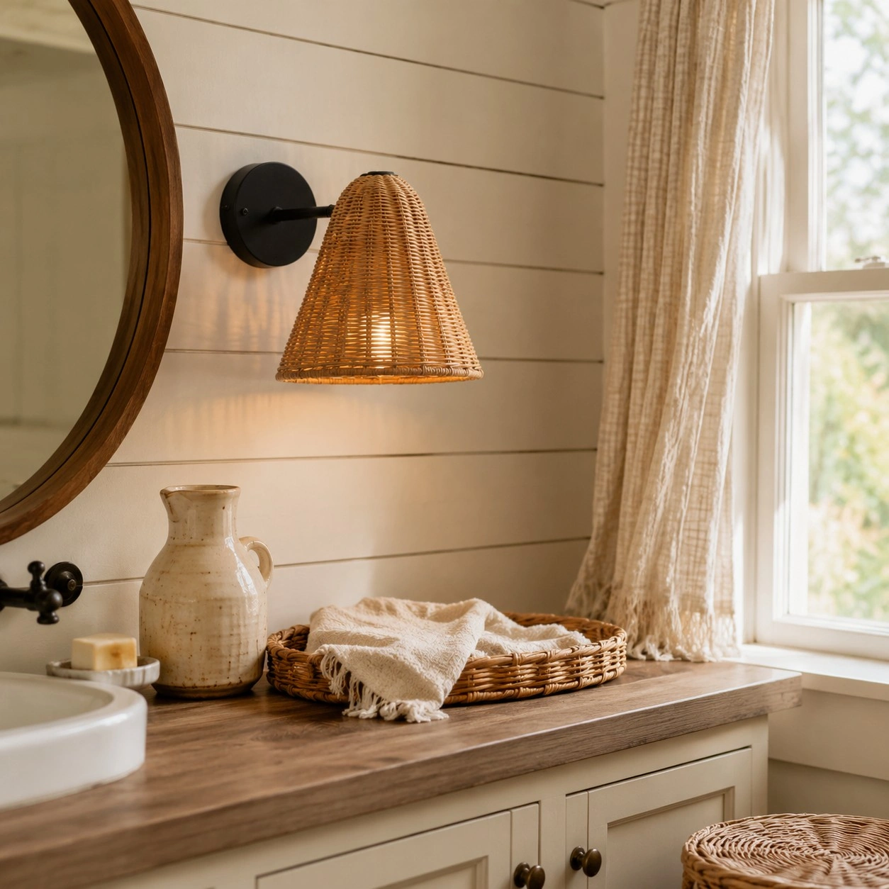 Rattan wall sconce in bathroom or vanity-style interior context