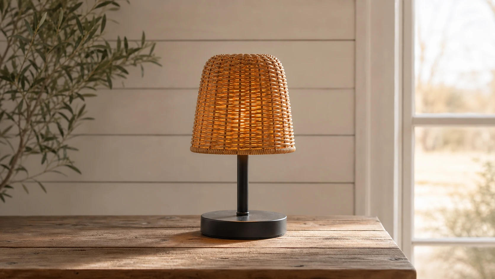 Raegan Modern Rattan Conical Table Light in a warm room setting